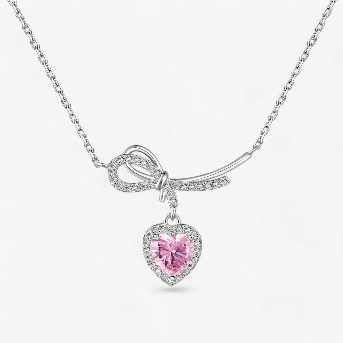 Sterling Silver Pink Heart Bow Necklace - Dolce Vincita