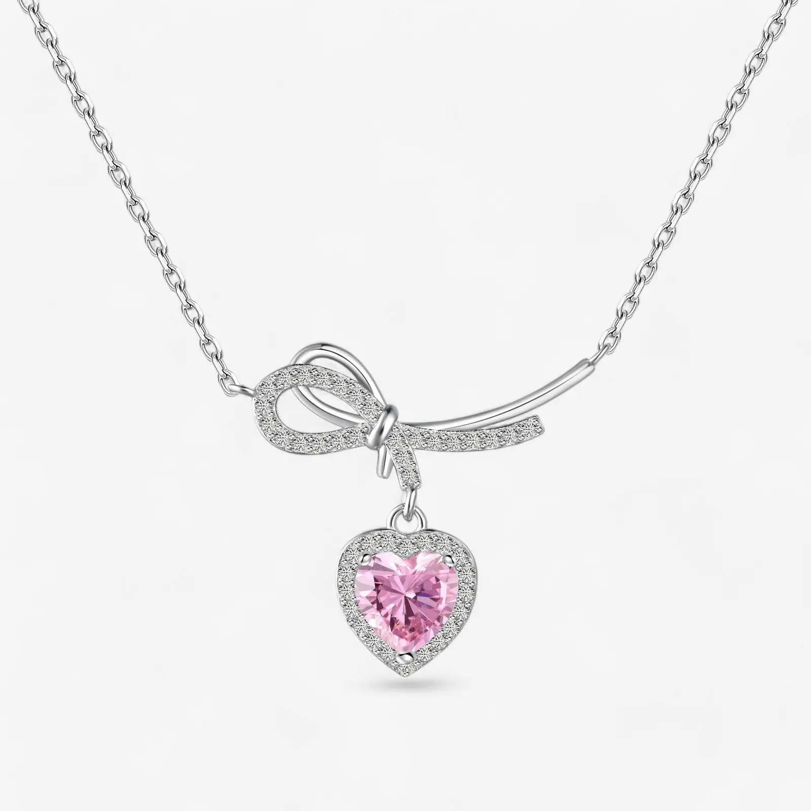 Sterling Silver Pink Heart Bow Necklace - Dolce Vincita