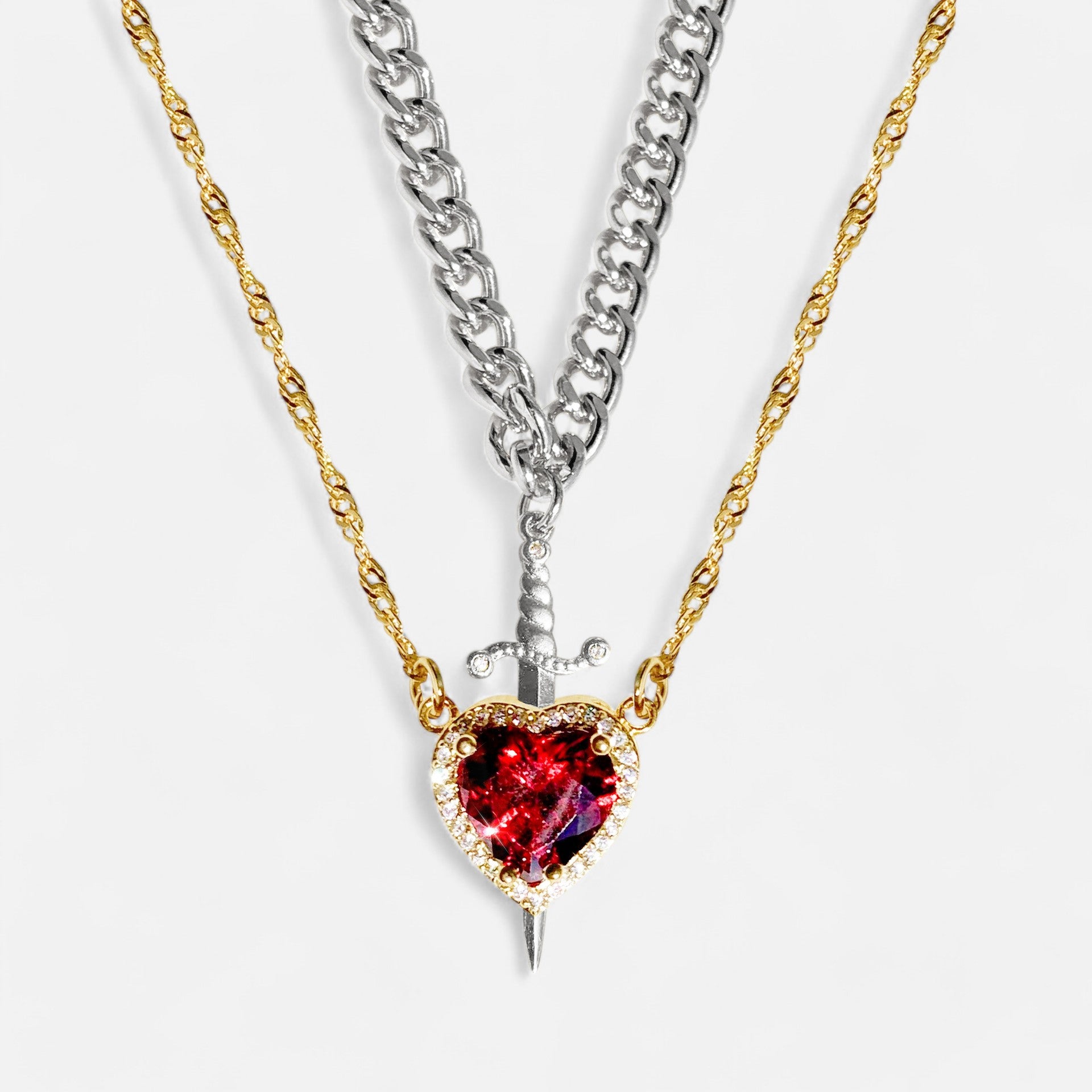 Matching Heart And Sword Necklace Set